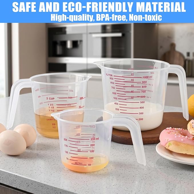 DTDNZKN 3 Pack Measuring Cups, 250ml (1-Cup), 500ml (2-Cup) &1000ml (4-Cup) | Plastic Liquid Measuring Cups - Clear Markings for Baking, Cooking, Mixing, Oil & Water Measurement - Essential Kitchen Tools