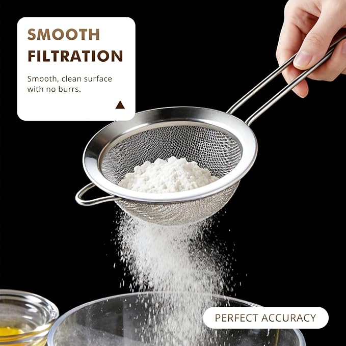 NileHome 3 Piece Mesh Strainers, Stainless Steel Strainer for Sifting, Straining, Cooking Kitchen Strainers Fine Mesh for Flour, Pasta, Loose Tea, Fruit, and Rice, Silver（3.1"+5.4"+7.8")