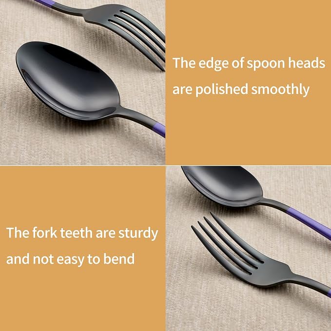 20-Piece Black and Purple Silverware Set 18/0 Stainless Steel Silverware Set Lake Blue Handle Cutlery Set Service for 4 Dinner Knives Forks Spoons Set Flatware Set Finish Dishwasher Safe
