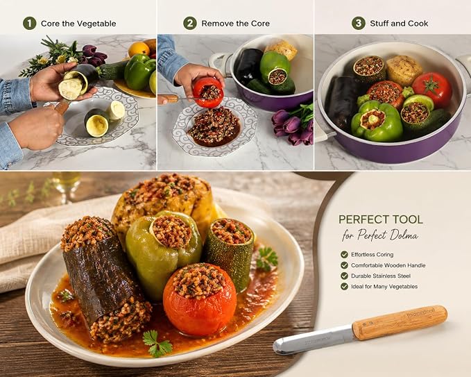 Vegetable Corer Tool, Zucchini & Eggplant Corer, Stainless Steel Blade | Stainless Steel vegetable corer tool with Wooden Handle for easy coring of zucchini, eggplant, kousa, squash, pepper