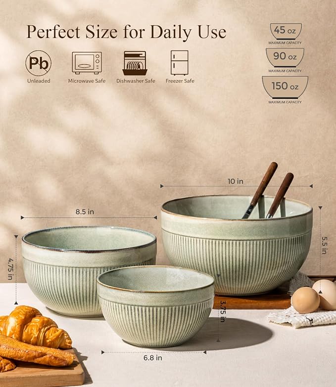 GBhome Ceramic Mixing Bowls Set of 3, Stoneware Nesting Serving Bowls, | 45/90/150 oz For Prep, Baking, Serving, Gift, Microwave and Dishwasher Safe, Ribbed Dishware Collection,Desert Sage