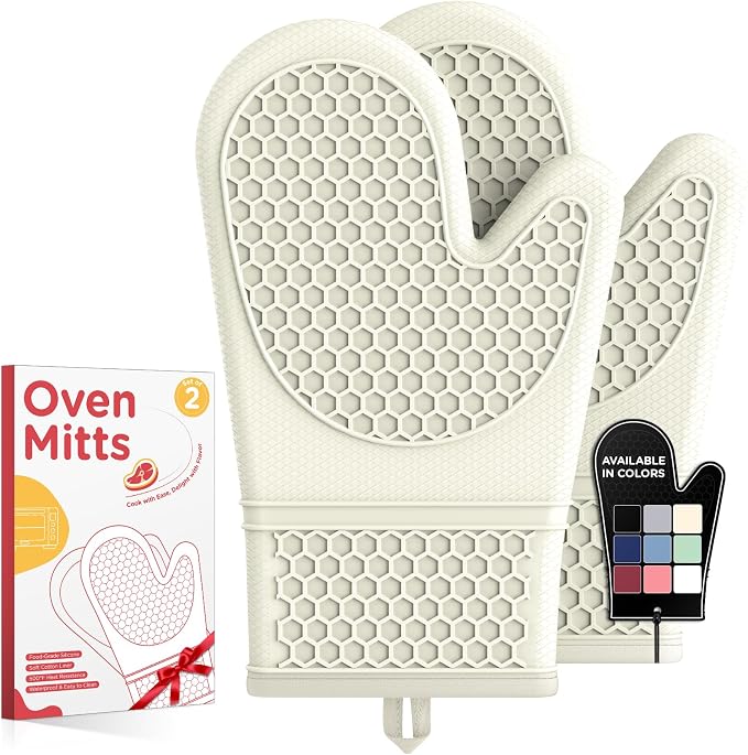 Kitsure Silicone Oven Mitts, Set of 2, Heat Resistant, Oven Gloves with Soft Lining, Non-Slip Kitchen Essentials, Kitchen Gadgets, Apartment Essentials, Great Gift for Cooking, Baking, Beige | 2 Pack Oven Gloves with Soft Lining, Non-Slip and Heat Resi...