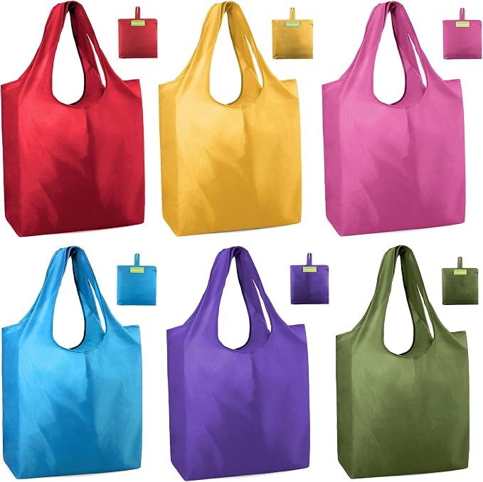 BeeGreen Colorful Reusable Shopping Bags Cute Grocery Bag 6 Pack, Christmas Gift Bags Heavy-Duty Foldable Shopping Totes for Supermarket, Work & Travel, Large Washable Polyester Tote Bag with Handles