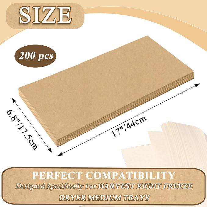 200 PCS Freeze Dryer Tray Mats for Harvest Right Freeze Dryer Trays, Non-Stick Baking Mats One-Off Parchment Paper Compatible with Harvest Right Freeze Dryer Trays (Medium - 17" x 6.8")