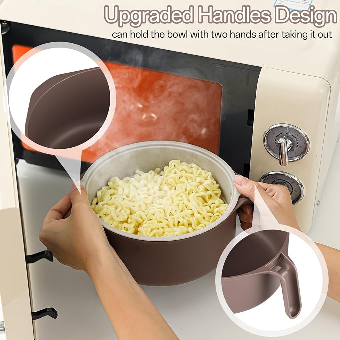 MEACOLIA Large Ramen Bowl Set, Microwave Noodle Pasta Cooker with Lid and Strainer, Stainless Steel Travel Utensils, College Dorm Room Essentials for Girls Guys (Beige)