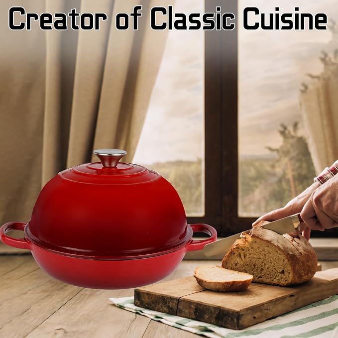 Enameled Cast Iron Bread Oven Dutch Oven Pot with Lid Bread Dutch Oven Red | for Sourdough Bread Baking, 6 Quarts 10" Bread Pan with Dome Lid, Non-stick Cookware for Homemade Bread