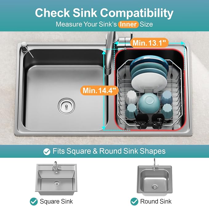 Small in Sink Dish Drying Rack - Stainless Steel for RV Kitchen | Compact Design, Rust-Resistant, Angled Corners Fit Square & Round Sinks, Removable Utensil Holder, Cup Hooks, 13.1"W x 14.4"L