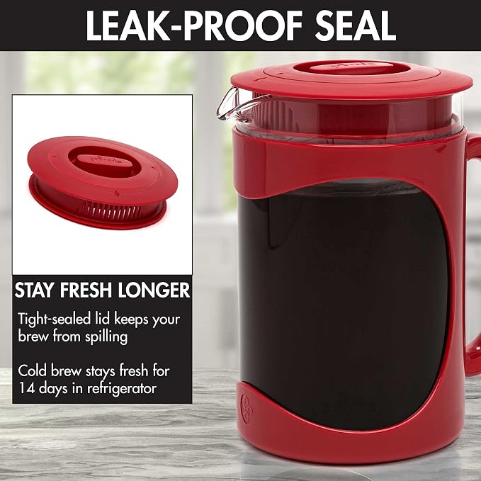 Primula Burke Deluxe Cold Brew Iced Coffee Maker, Comfort Grip Handle, Durable Glass Carafe, Removable Mesh Filter, Perfect 6 Cup Size, Dishwasher Safe, 1.6 qt, Red