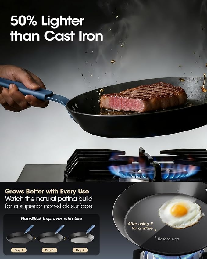 Carbon Steel Frying Pan Set, 8 10 12 Inch Nitrided Skillets | Complete Size Range for Everyday Cooking; Preseasoned Surface Develops Natural Patina without Coatings
