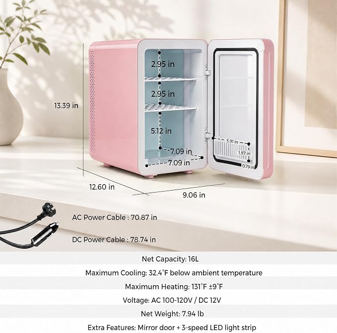 Kikihouse 16L/20L Skincare Fridge with LED Mirror, Small Fridge for Makeup | Portable Skin Care Fridge for Beauty, Cosmetics, Personal Mini Refrigerator for Food, Office, Dorm, Car, Cooler & Warmer
