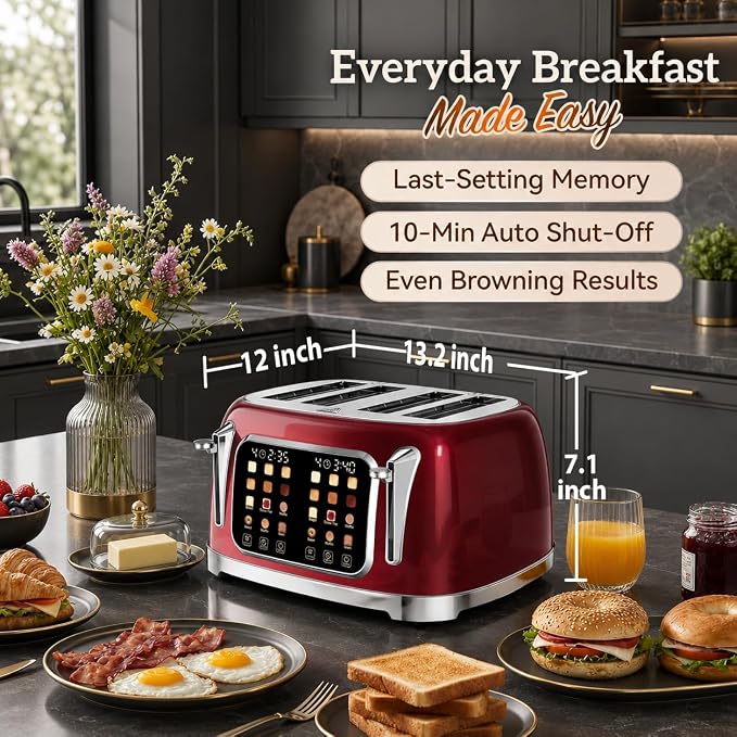 RONGBEST Retro 4 Slice Stainless Steel Toaster with Wide Slot Touch Screen for Family Breakfast, Reheat & Defrost, 6 Browning Levels for Bagel & Bread, Easy Removable Crumb Tray, Red Pearl