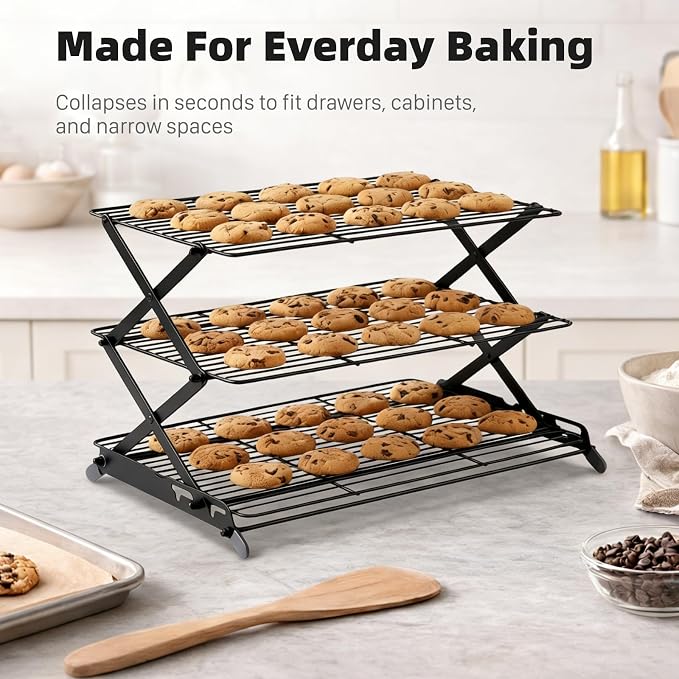 3-Tier Collapsible Cooling Rack, Adjustable Wire Baking Rack, Black | 3 adjustable heights, stable X-leg frame, folds flat, open-wire airflow, 17.1 x 9.8 in, for cookies, cakes and pastries