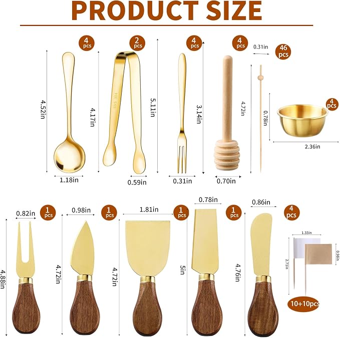 46Pcs Charcuterie Boards Accessories Small Serving Utensil Set Cheese Butter Spreader Knives Mini Stainless Steel Cutlery Tong Spoon Fork Bowl Wooden Toothpick for Kitchen Wedding Christmas Gift(Gold)