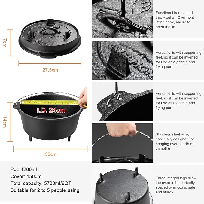 Overmont 6QT Cast Iron Dutch Oven - Pre-Seasoned Pot with Lid Lifter & Legs | Camping Dutch Oven with Cookbook, Cast Iron Pot with Skillet Lid Dual Handles, for Outdoor Campfire Cooking BBQ Grill Stove