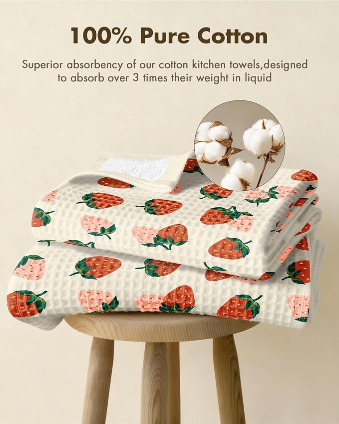 370GSM Cotton Waffle Kitchen Towels, Strawberry | Pure Cotton, Sustainable, Waffle Weave, Terry Cloth, Highly Absorbent, Decorative, 16"x25", with Hanging Loop