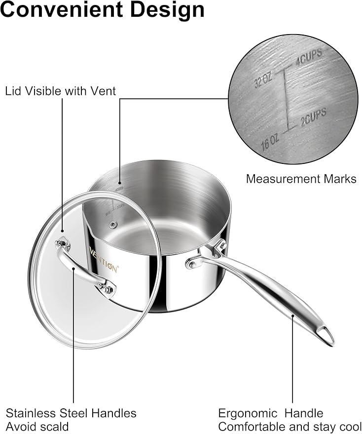 VENTION Tri-Ply Stainless Steel 1.4 Quart Induction Saucepan with Lid | Small Sauce Pan with Pour Spout, Small Cooking Pot for Tea and Milk