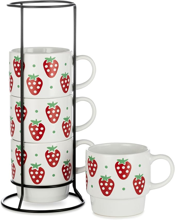 Signature Housewares Stackable Coffee Mug Tower Set with Metal Wire Rack - 15 Ounce Coffee Mugs for Coffee, Tea, Cocoa, Milk, Cappuccino, Hot Chocolate Set of 4 - Strawberry Pattern