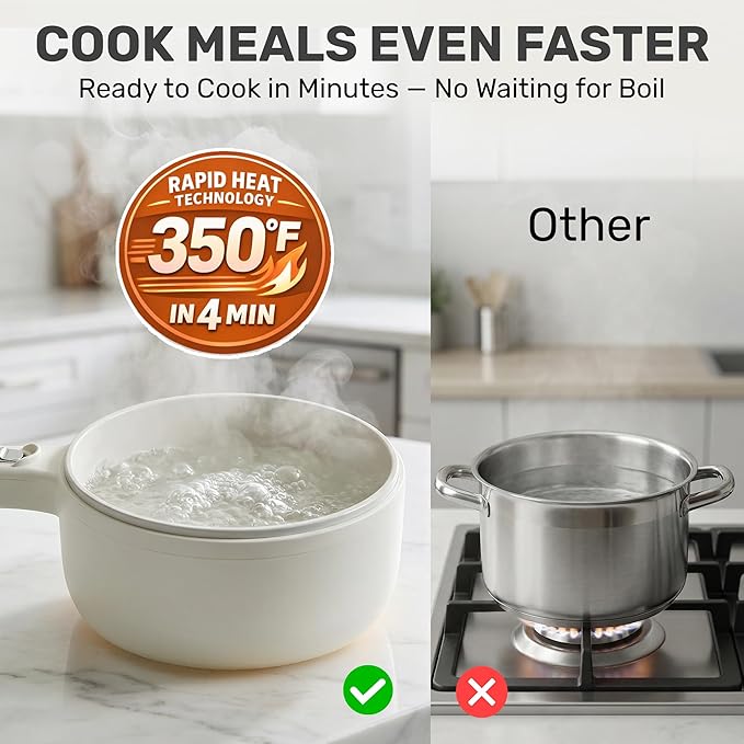 CERAMAX PRO 1.5L Electric Hot Pot with Lid & Steamer | Adjustable Temp, Non Toxic Ceramic Cooker Skillet for Ramen, Eggs, Pasta for Dorms, Camping, RV - New Improved 2026 Model