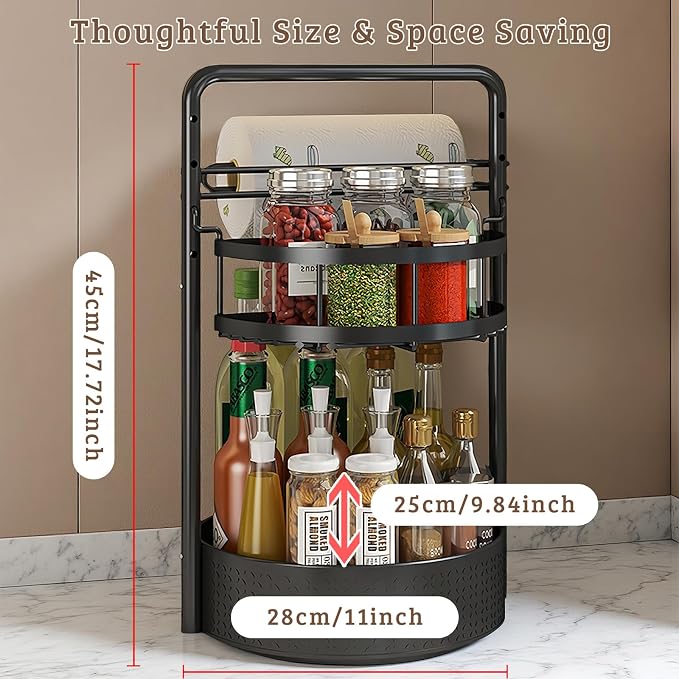 Rotating Spice Rack with Paper Towel Holder, Black | 2 Tier Turntable Lazy Susan, Durable Iron, Seasoning Organizer, For Kitchen Countertop