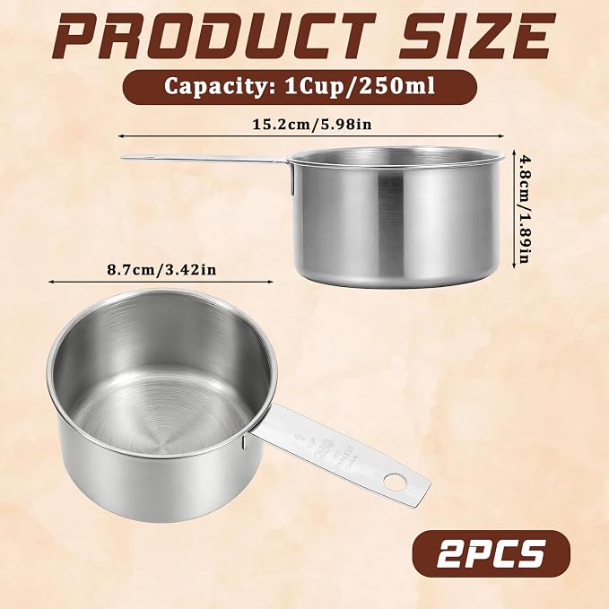2 Pcs 1 Cup Stainless Steel Measuring Cup, Metal Measuring Cups (250ml, 8oz) Kitchen Gadgets Measure Scoop Dog Food Scoop for Wet and Dry Ingredients, Cooking, Baking, Dishwasher Safe