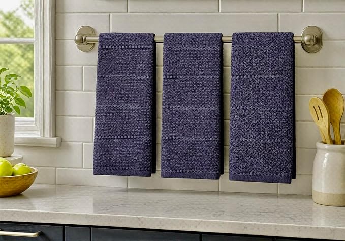 Eggplant Purple Kitchen Hand Dish Towels: Oversized 28" x 18", 100% Cotton Cloth Soft Cleaning Drying Absorbent Textured Design, Set of 3 Multipurpose for Everyday Use