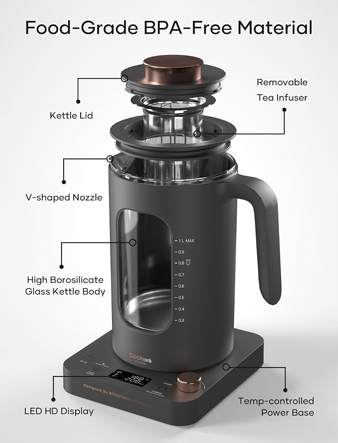 INTASTING Electric Kettle, Electric Tea Kettle with Infuser, 1 Liter | ±1℉ Temperature Control, 1200W Fast Heating, BPA-Free Glass, Easy to Clean, Keep-warm, Auto shut-off, Dark Gray