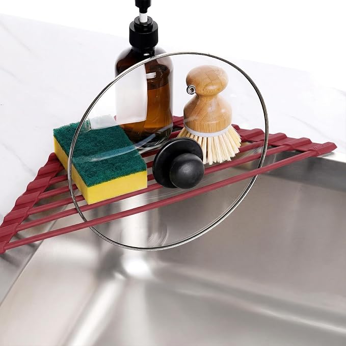 Tomorotec Roll Up Dish Drying Rack with Silicone Coating, Wine Red | 304 Stainless Steel with BPA-Free Silicone, Triangle Design Maximizes Sink Corner Space, Fits Compact Kitchens And RVs