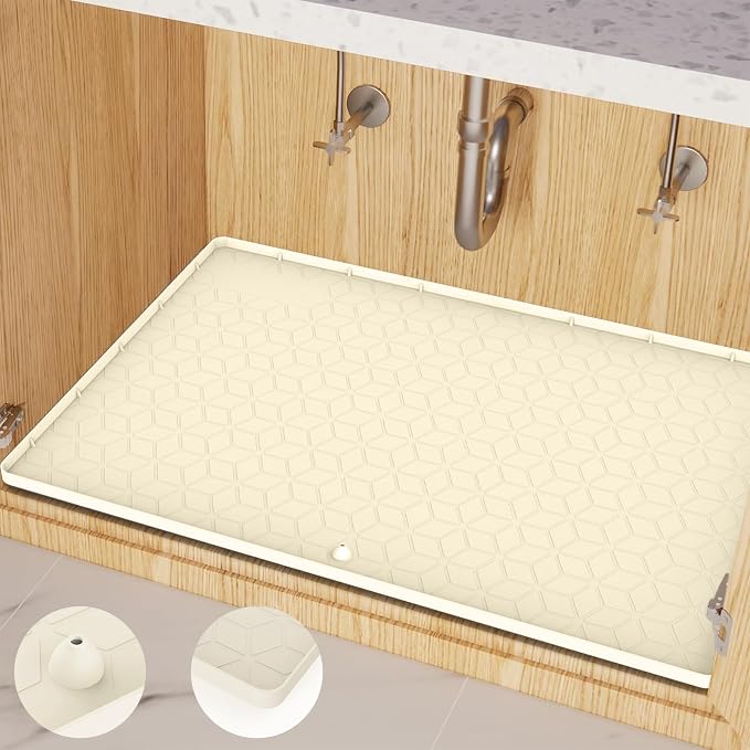 Under Sink Mat, 19"x22" Under Sink Mats for Kitchen, Silicone Waterproof Under Sink Liner, Sink Cabinet Organizer Tray with Drain Hole (Beige, 19X22)