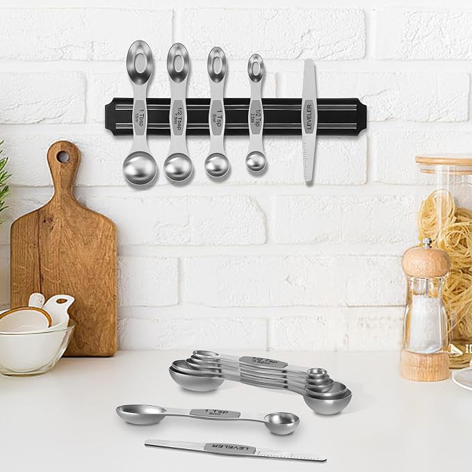 Wildone Measuring Cups and Magnetic Measuring Spoons Set, 16Pcs | 8 Stainless Measuring Cups, 7 Double-sided Magnetic Measuring Spoons & Leveler for Spice Jar and Liquid Measuring, Gray