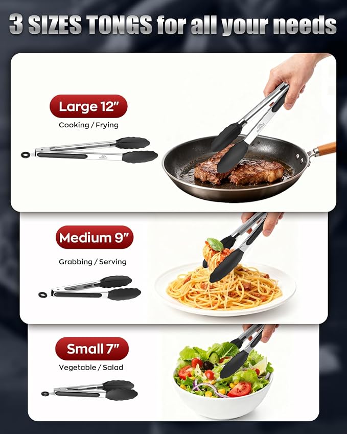 Good Grip Cooking Tongs with Silicone Tips, Set of 3-7" 9" and 12" | 600ºF Heat Resistant, 5-Layer Heavy Duty Stainless Steel, Pull Lock, Non Stick - Kitchen Tongs for Salad, Cooking and Frying