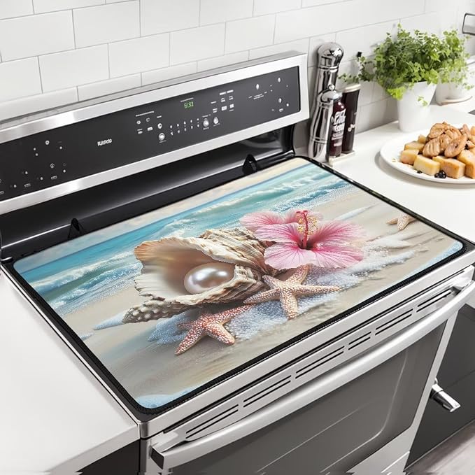 Beach Starfish Seashell Flower Stove Cover 30"x21" Heat Resistant Multi-Functional Counter Protector Non-slip Waterproof Mat for Glass Stovetop Protector Easy to Clean