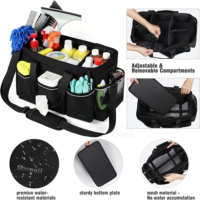 Extra Large Cleaning Caddy Bag with 4 Foldable Dividers, Wearable Cleaning Caddy Organizer with Handle & Shoulder Strap & Waist Strap, Housekeeping Tote for Cleaners, Black