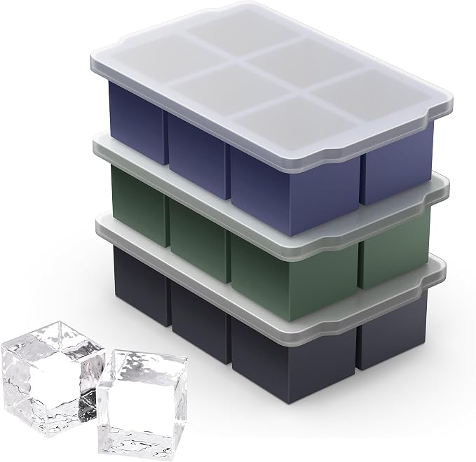 VLM 3 Packs Large Ice Cube Molds with Stackable Lid,Silicone Ice Cube Tray for Freezer,Big Square Ice Tray for Whiskey,Cocktails,Bourbon and Soups