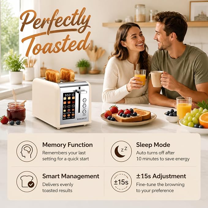 2 Slice Touch Screen Toaster Stainless Steel Wide Slots with Digital Touchscreen, Reheat & Defrost, Even Toasting for Family Breakfast Bagel & Bread, Easy Removable Crumb Tray, Cream Color