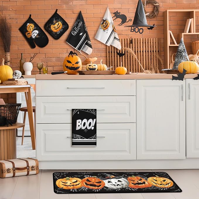 Fanfanwin 10 Pcs Halloween Kitchen Decor Accessories Set Gothic Pumpkin | Halloween 4 Kitchen Towels 2 Pot Holders 2 Oven Mitts 2 Rugs for Baking Cooking BBQ Autumn Home Decor Holiday Gift