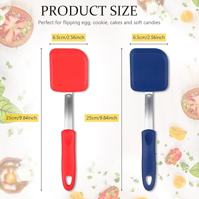 Silicone Cookie Spatula Turner 2 Pack Mini Brownie Spatula Flexible Kitchen Small Silicone Turner for Nonstick Cookware Heat Resistant No Scratch Flipper for Egg(Solid Flat,Red,Blue)