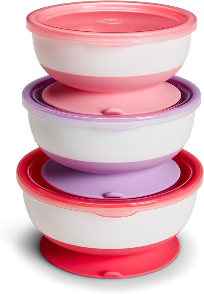 Munchkin Stay Put Munchkin Suction Baby Bowls with Lids - Dishes for Babies and Toddlers, Self-Feeding Bowl Set for Kids 6+ Months, 3 Pack, Pink/Purple