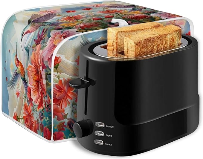 Hummingbird Flower Print Toaster Covers 2 Slice Wide Slot Dustproof Floral Fingerprint Protectors and Greasy Protection Anti-sputtering Machine Washable Women Gift