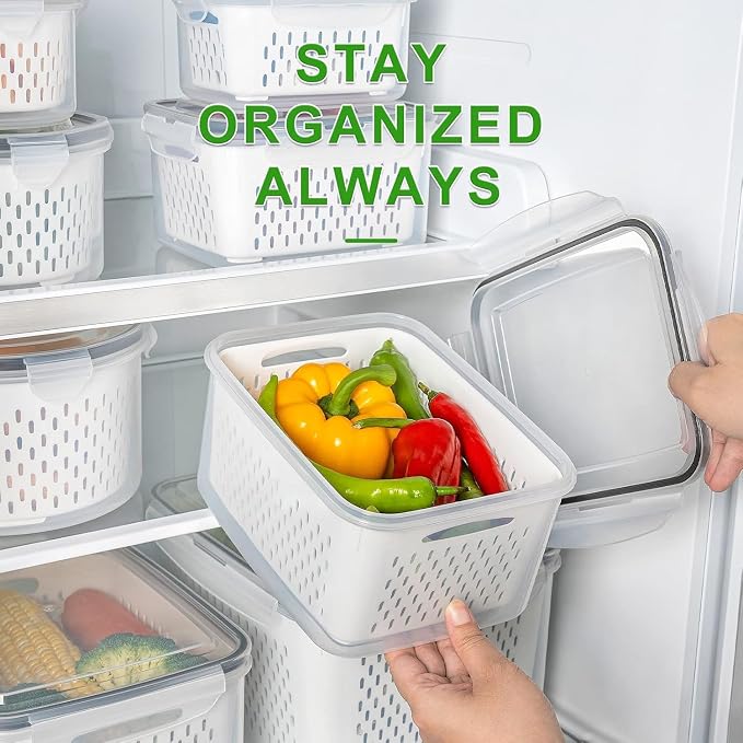 5 PCS Large Fruit storage Containers for Fridge with Colanders and Choppers | with Removable Colander Leakproof Dishwasher & Microwave safe Produce Containers Keep Fruits Vegetables Berry Fresh longer