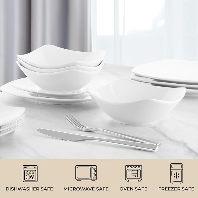 Zulay Kitchen Luna Plates and Bowls Sets, 12 Piece Modern Porcelain Dish Set for 4, Chip and Scratch Resistant Square Dinnerware Set, Microwave and Dishwasher Safe, Pearl White