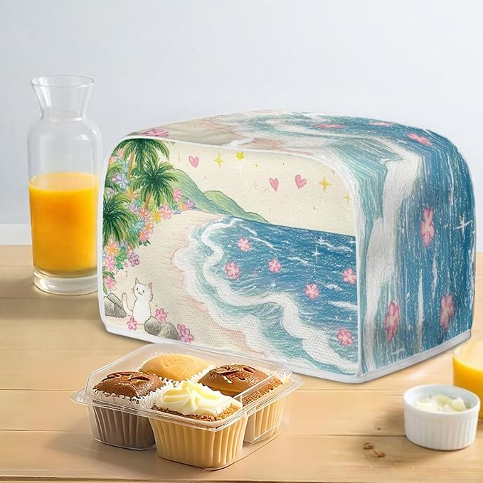 Cat Beach Print Toaster Cover 2 Slice Floral Printed Bread Maker Cover Palm Tree Print Toaster Oven Covers for Kitchen Counter