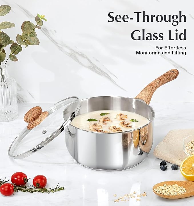 KOCH SYSTEME CS Stainless Steel Saucepan, 1 Quart Saucepan with Lid & Heat-resistant Bakelite Handle, Tri-ply Bottom Steel Sauce Pan with Lid, Induction Ready, Stainless Steel Pot 1QT