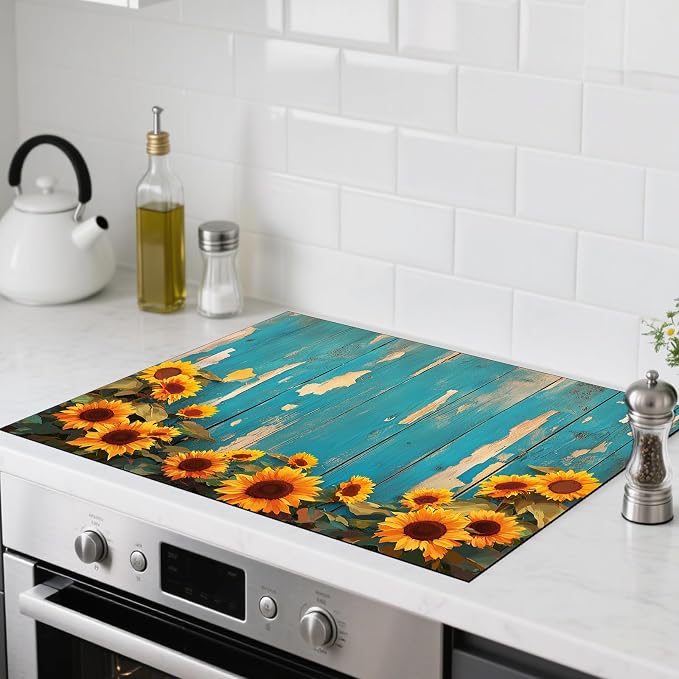 Nuxovilar Wood Sunflower Stove Cover Diatom Mud 28.35x20.47 In | Glass Protector Countertop Mat Counter Saver Cooktop Cover Kitchen Cooking Area Home Decor (Rustic Blue Wood)