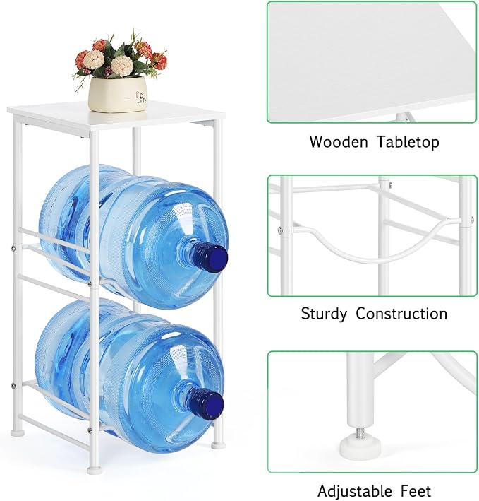 Water Jug Holder Stand 2 Tier 5 Gallon Water Bottle Rack with Top Shelves 5 Gallon Water Bottle Holder Organizer Water Dispenser Stand for Kitchen, Home Office, Living Room, White