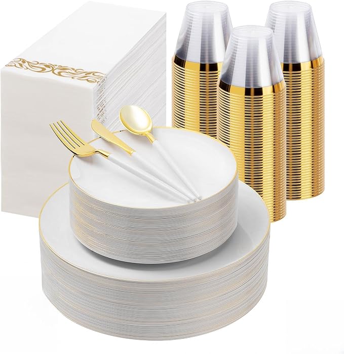 Bestluck 350PCS White Plastic Dinnerware Set, White Gold Plastic Plates for 50 Guests, Include 100 White Plates with 150 Plastic Cutlery, 50 Napkins and 50 Cups