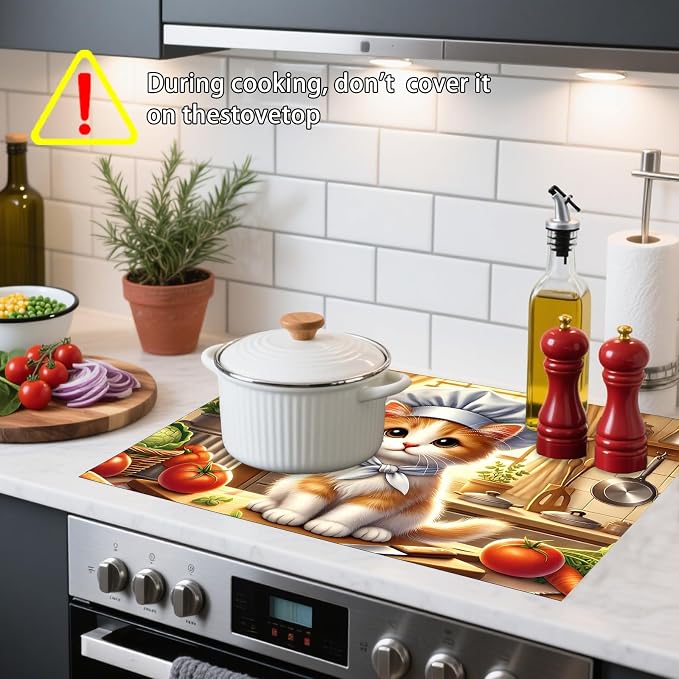 Nuxovilar Chef Cat Stove Cover Diatom Mud 20.47x28.34 In | Glass Protector Countertop Mat Counter Saver Cooktop Cover Kitchen Cooking Area Home Room (Chef Cat Illustration)