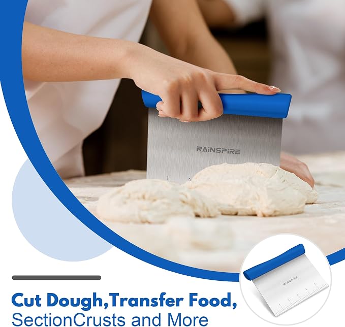 Upgraded 304 Stainless Steel Multi-Purpose Bench Scraper with Measurement Marks, Dishwasher Safe, Dough Cutter for Pizza, Bread and Cookie Dough Vegetable Chopper, Baking Supplies, Dark Blue