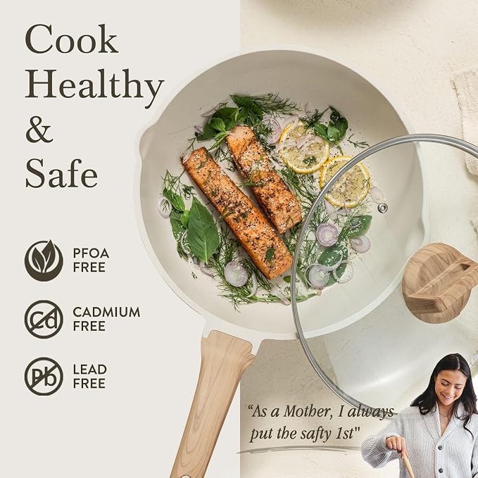 CAROTE 12 Inch Nonstick Deep Frying Pan with Lid, 5.5 Qt | Kitchen Non-Toxic PTFE & PFOA Free Cookware, Covered Skillet All Stovetops Compatible , White Granite