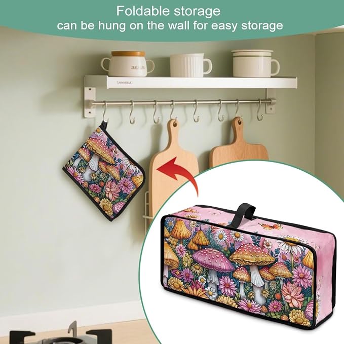 Mushroom Print Toaster Cover with Top Handle, Foldable Toaster Cover 2 Slice Washable Long Slot Slim Dust Covers for Most Toasters, Small Appliance Covers for Kitchen Decor