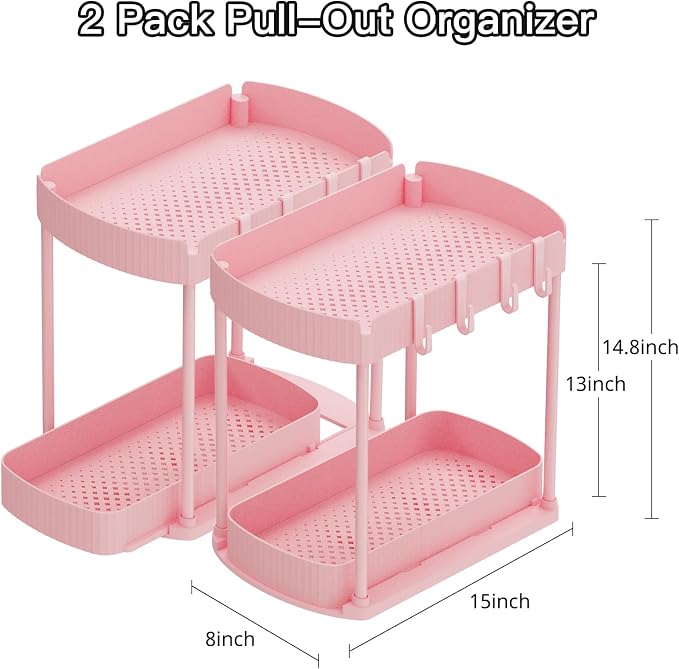 2 Packs Under Sink Pull-Out Storage Organizers, 14.8 Inches,Pink | Multi-Purpose Cabinet Organizers and Storage for Bathroom & Kitchen
